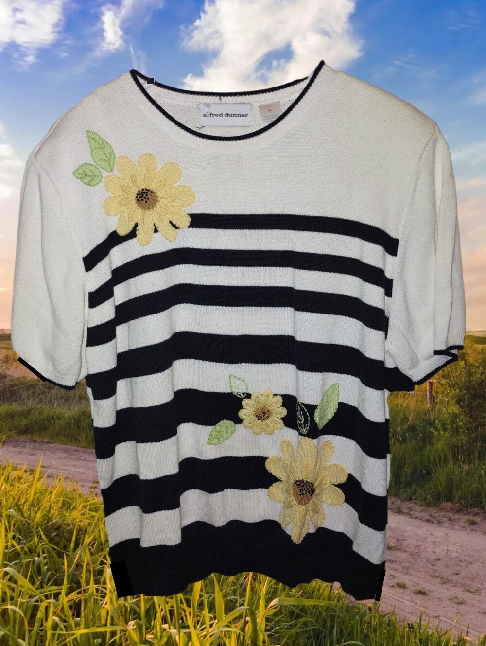Vtg Alfred Dunner Blk & White Striped Sweater Bead Embellished Yellow Sunflowers